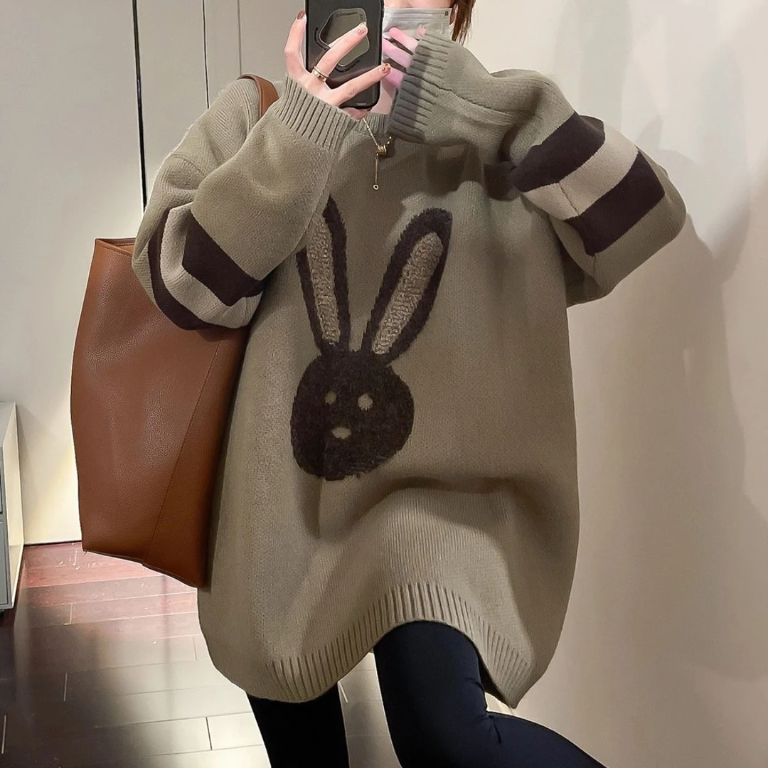 秋冬新款冬季圆领毛衣女韩版宽松慵懒风中长款加厚兔子上衣针织衫