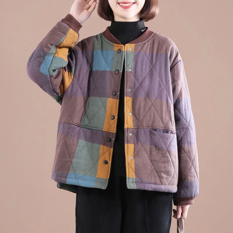 妈妈秋冬韩版宽松显瘦大码休闲格子拼接复古女小棉衣短款棉袄上衣