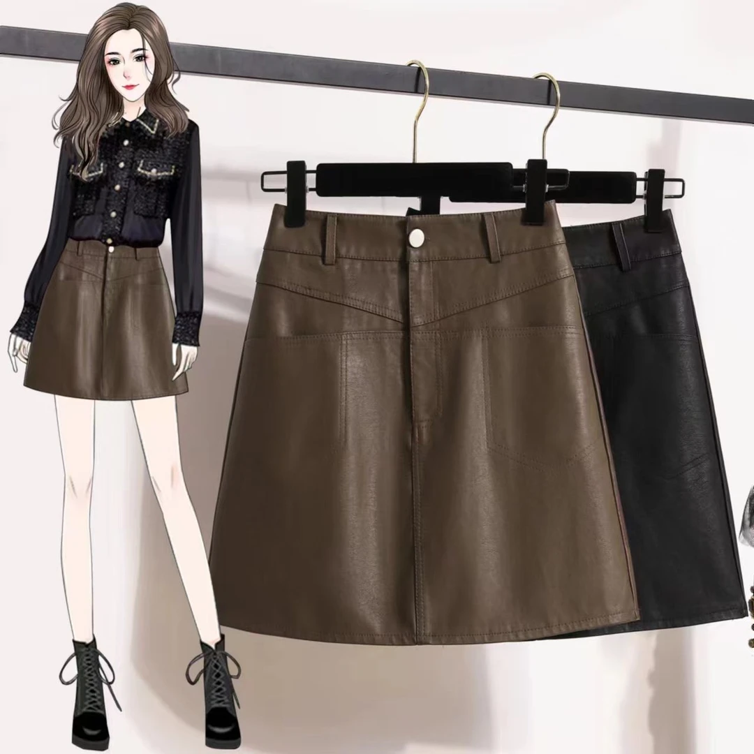 2023秋冬新款口袋设计皮裙半身裙女包臀漆皮短裙PU皮裙高腰A字裙
