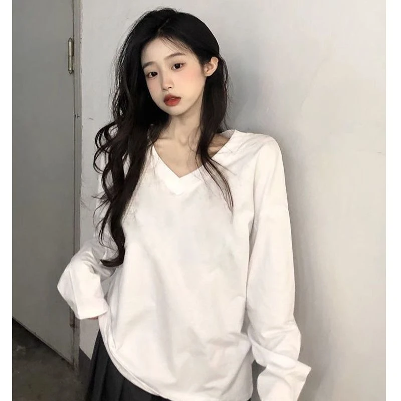 纯棉V领长袖T恤女ins春秋季新款内搭宽松设计感百搭打底衫上衣潮