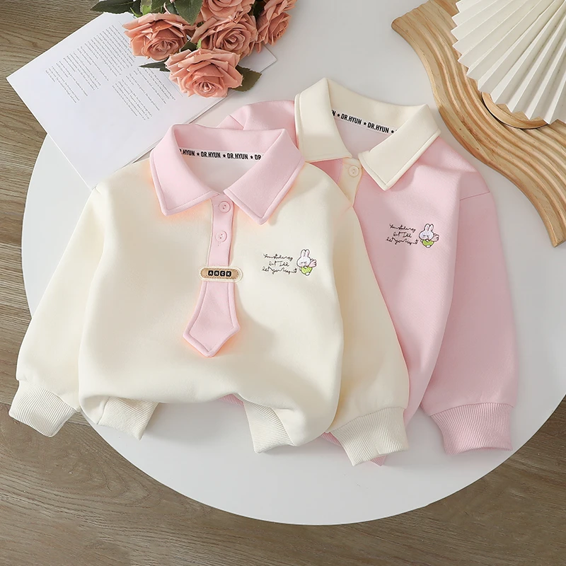 女童纯棉Polo领卫衣2025春秋新款女宝宝学院风可爱卡通百搭上衣