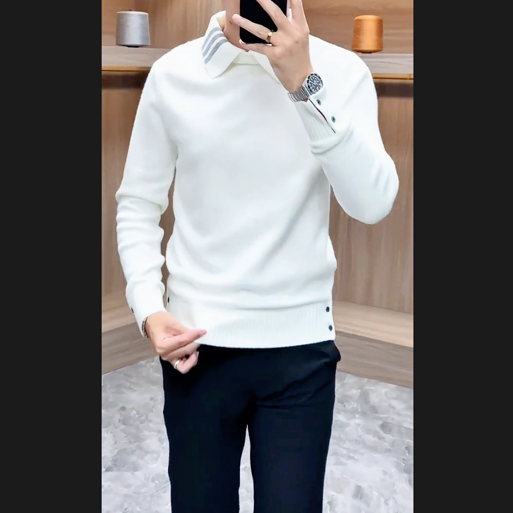 欧货高奢修身针织衫男毛衣条纹长袖上衣衬衫领套头秋冬外套