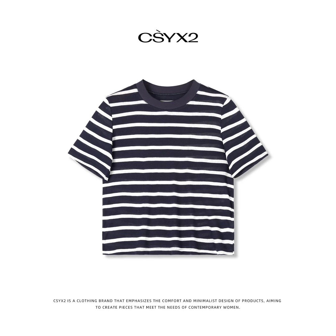CsyX2-2025S/S夏季新款时尚经典休闲撞色宽条纹圆领T恤S10825