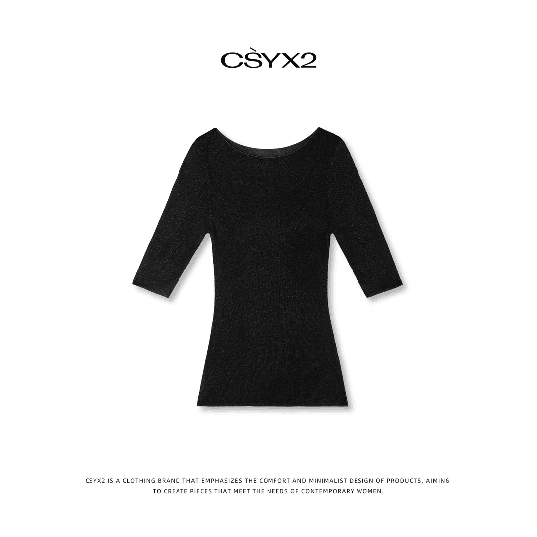 CsyX2-2024秋冬圆领修身舒适短袖金葱丝打底衫S10861