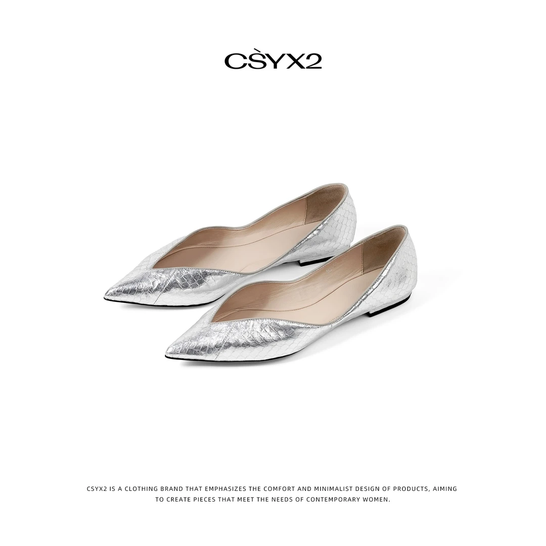 CsyX2-25早秋新款新款真蛇皮V口露趾尖头平底银色手工单鞋SC-0085