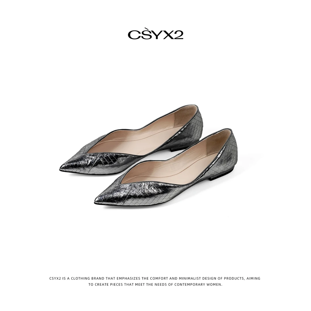 CsyX2-2025早秋新款新款真蛇皮V口露趾尖头平底黑色手鞋SC-0086