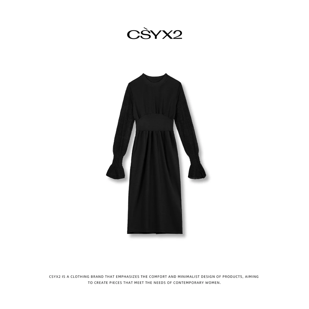 CsyX2-2025秋冬松紧收腰泡泡袖口连衣裙 DK035