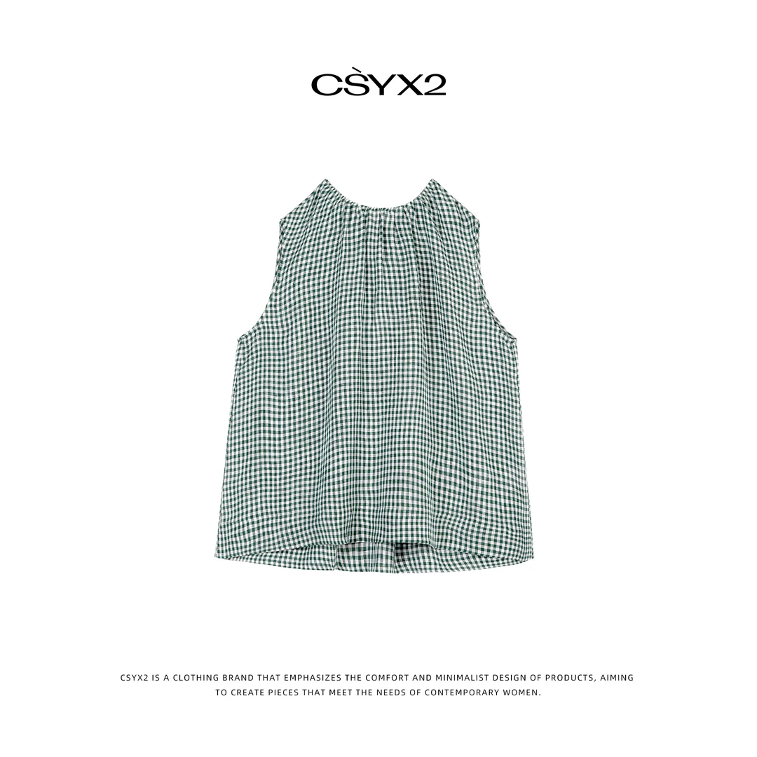 CsyX2-2025S/S早秋新款100亚麻色织格子后背镂空无袖背心S10924