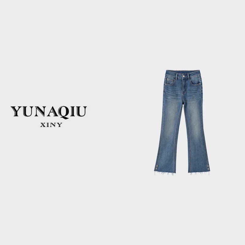 YUNAQIU 复古宽松2024春季新品重工烫钻显瘦百搭休闲牛仔裤-8286