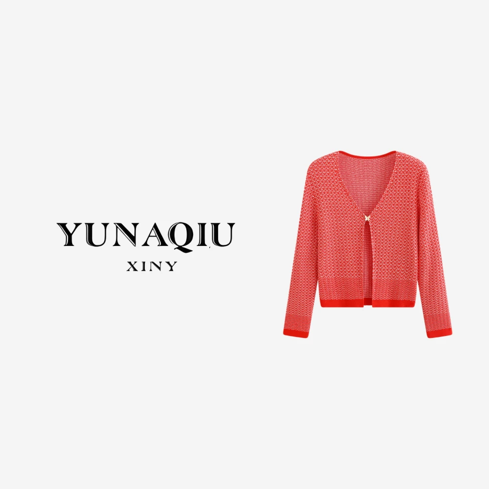 YUNAQIU春秋小香风拼色深V领长袖两件套红色针织开衫女8259