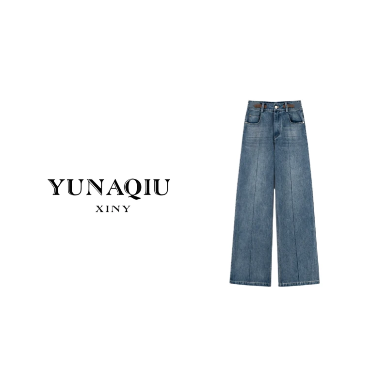 YUNAQIU 休闲裤高腰时尚百搭宽松设计师水洗秋季牛仔裤-8727