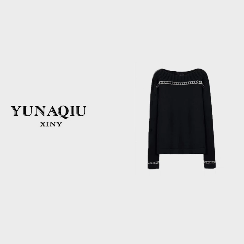 YUNAQIU-气质长袖时尚黑色设计师圆领秋冬套头-8587