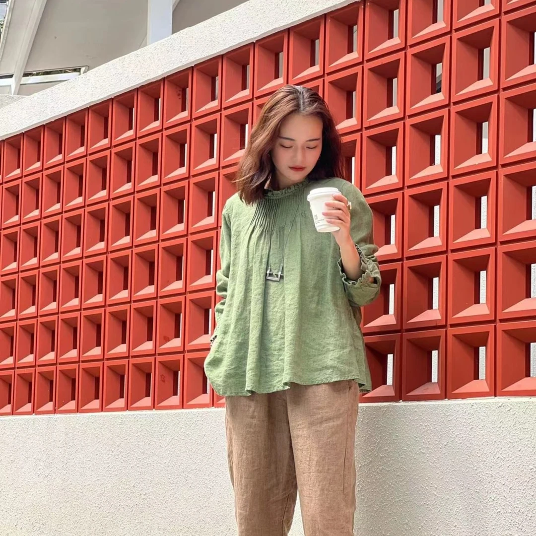 钱小主【春暖花开】捻皱色织亚麻设计师款木耳边宽松上衣衬衫