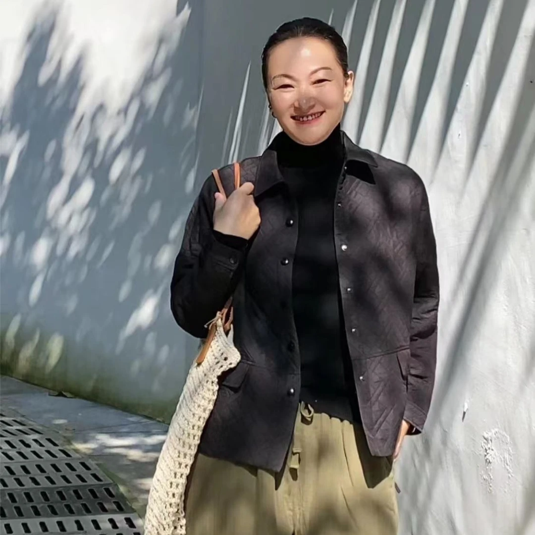 清之音 【大道至简】格纹衬衫领宽松休闲气质外套