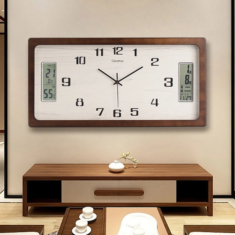 实木长方形万年历日历中式挂钟客厅2025新款时钟现代简约餐厅钟表