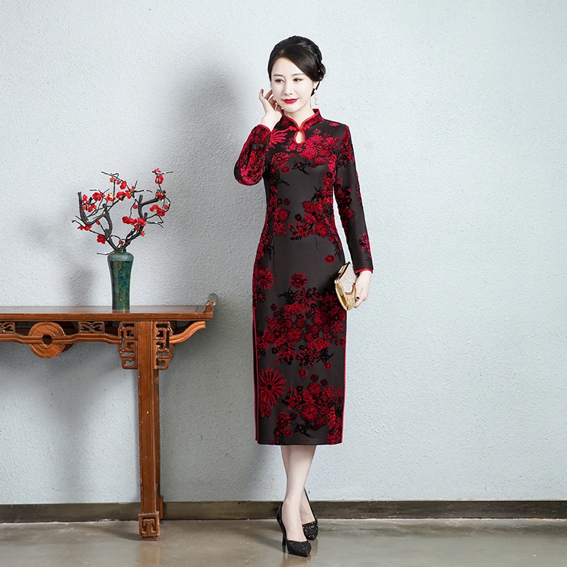 中年女春秋装旗袍连衣裙洋气显瘦妈妈装婚宴礼服改良旗袍裙长袖薄