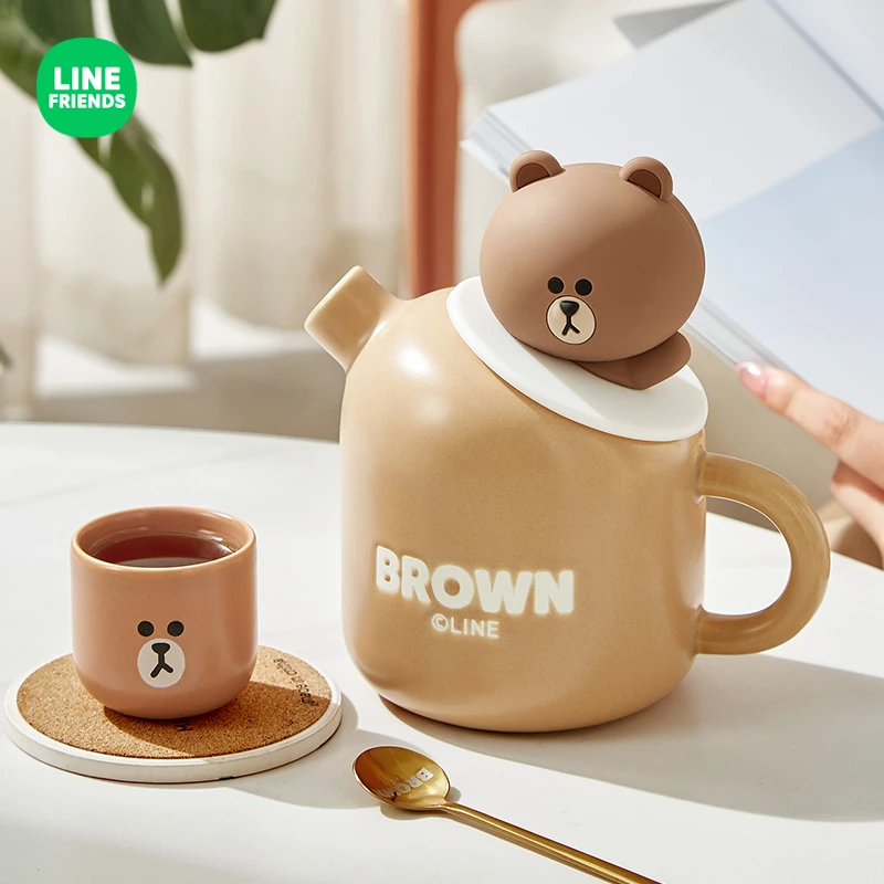 LINEFRIENDS精致茶壶家用高颜值布朗熊茶壶轻奢茶具套装一壶两杯