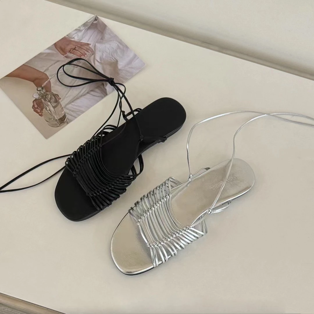 2024新款真皮绑带凉鞋银色