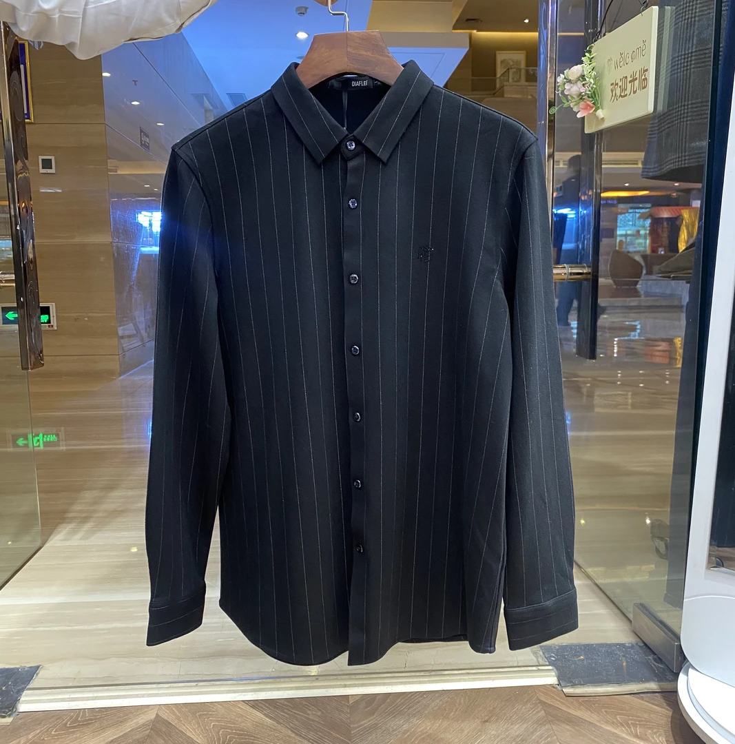 秋冬男士衬衫 修身条纹商务长袖衬衣黑色