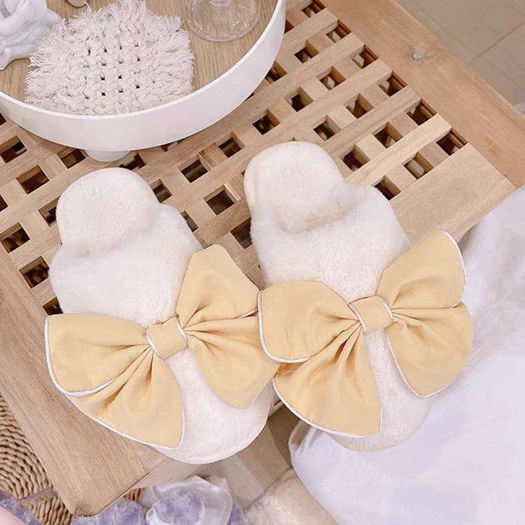 冬季可爱蝴蝶结居家男室内家和棉拖鞋女防滑保暖室外毛毛情侣月子