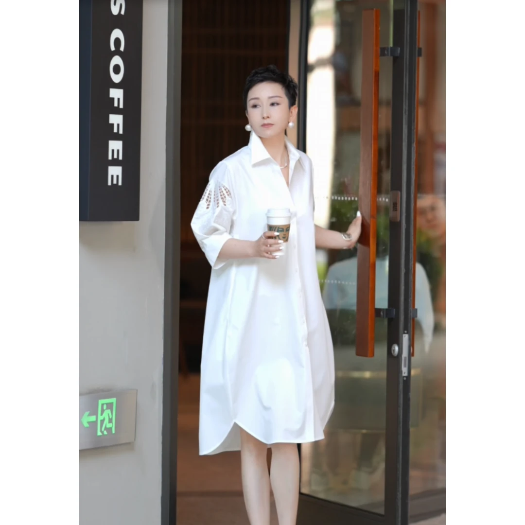 TONDO溏朵 2023春夏新款高级感法式刺绣镂空袖衬衫连衣裙83171