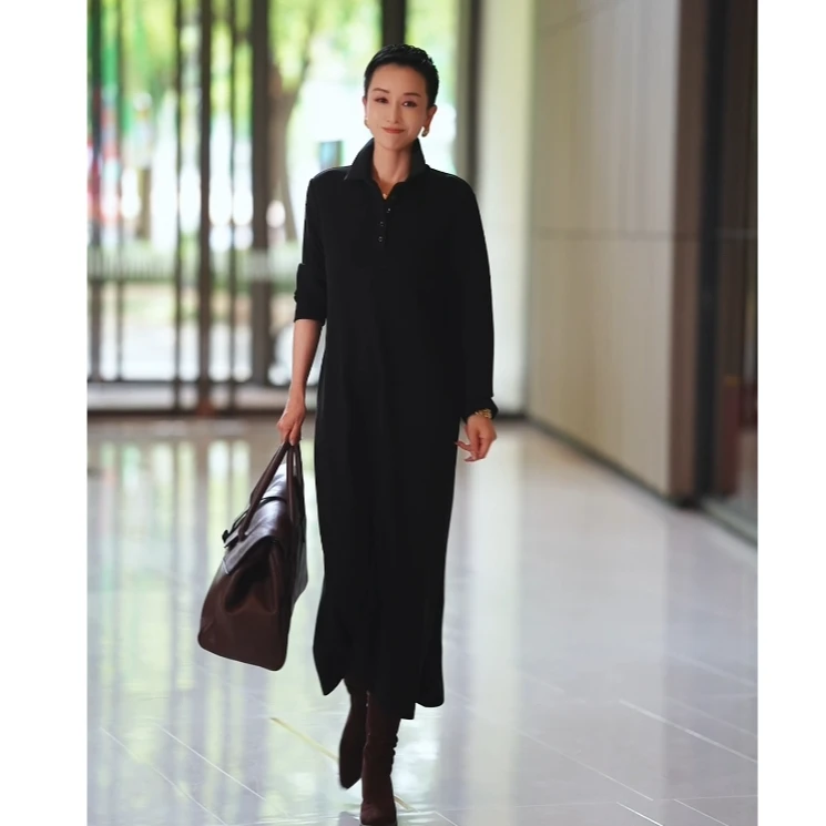溏朵记2024秋冬新款长袖POLO领显瘦气质休闲宽松连衣裙6002polo裙