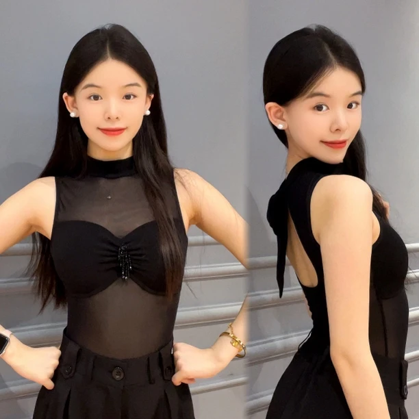 国标舞黑色高级绑带无袖上衣拉丁摩登成人练舞表演艺考露背连体衣