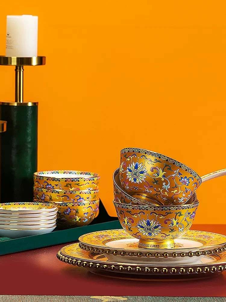 黄珐琅彩面碗家用宫廷华贵2024景德镇陶瓷骨瓷乔迁面碗组合