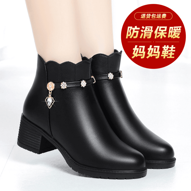 2024新款中跟妈妈鞋圆头棉鞋加绒冬季大尺码女靴子女士短靴皮靴子