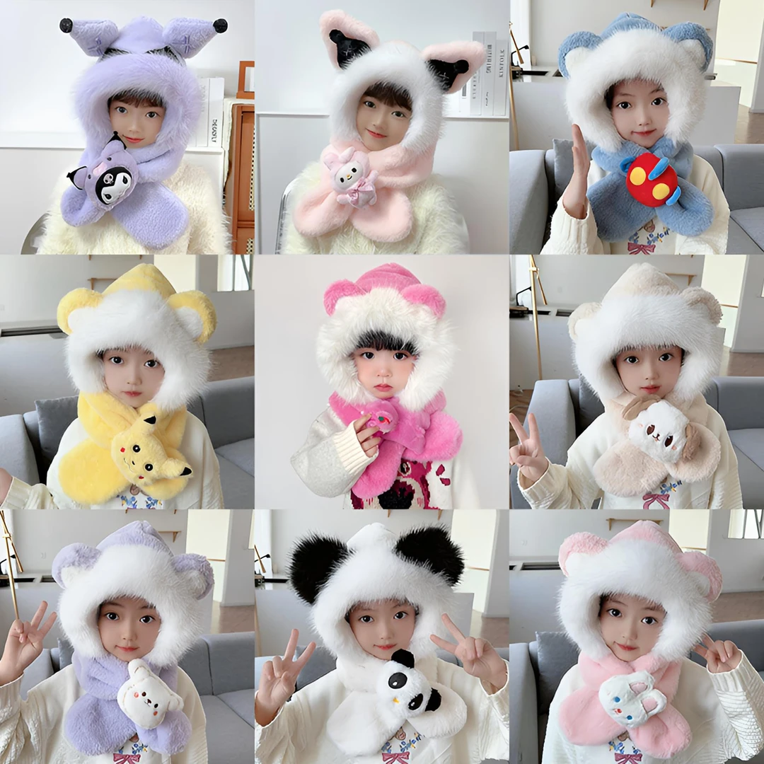 儿童帽子围巾一体冬季保暖男女童宝宝加绒护耳防风加厚小孩毛绒帽