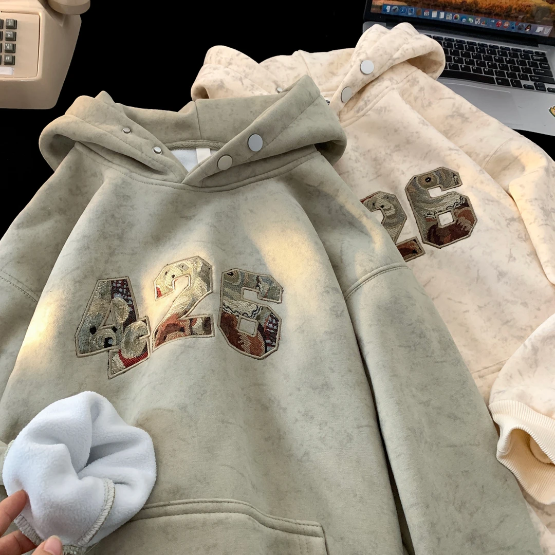 BBXX 重磅700g冬季加绒加厚426数字刺绣连帽卫衣男士宽松潮牌外套