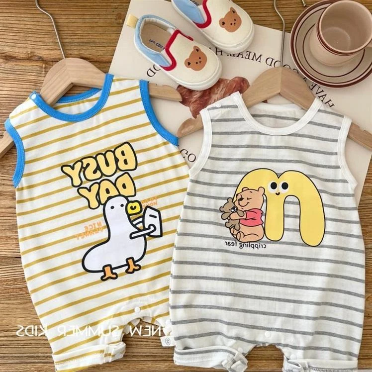 以牵现货新生儿夏季薄款条纹连体衣男童女童宝宝卡通无袖背心爬服