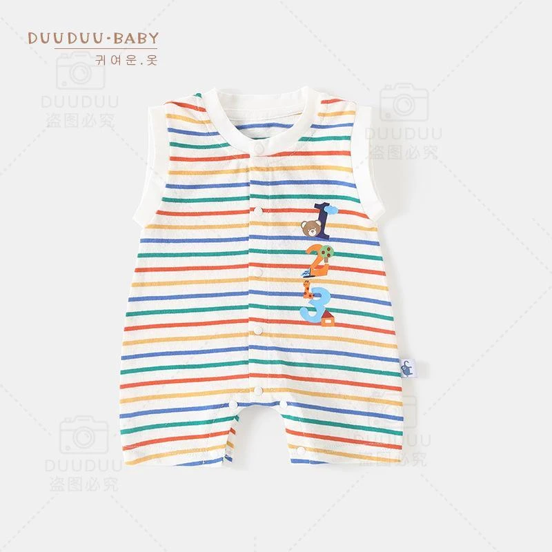 以牵韩式婴儿夏季休闲透气无袖背心男女宝宝连体衣外出新生儿衣服