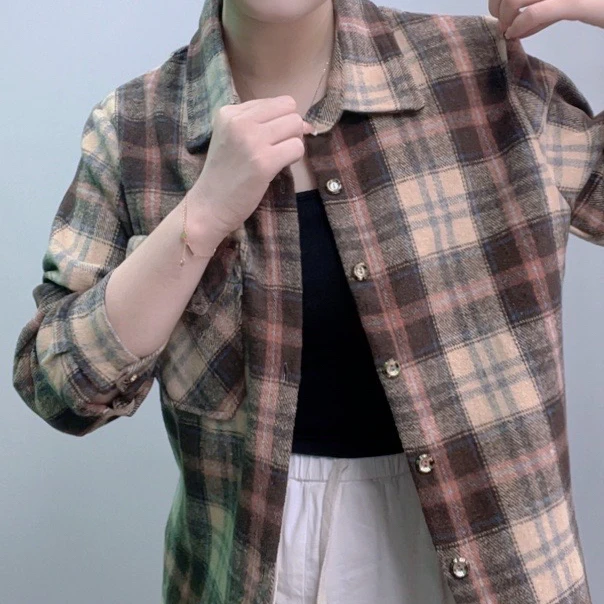 「春上新」春秋新款毛呢格子衬衫时尚女装外套休闲复古
