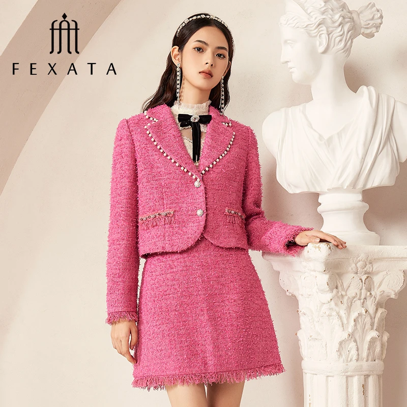 FEXATA斐格思套装女冬季新品法式名媛风粗花呢外套半裙时尚两件套