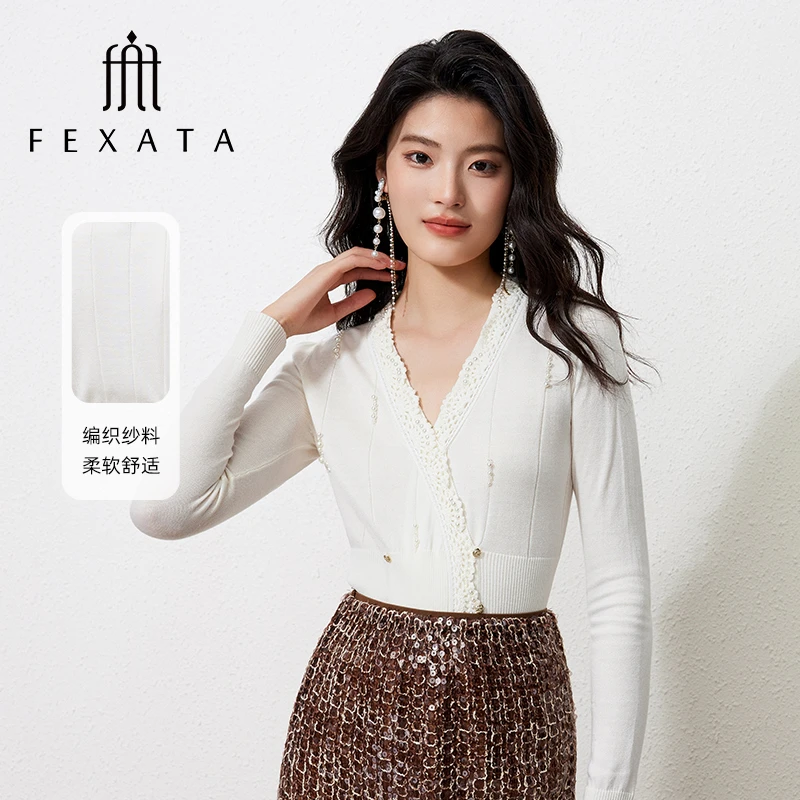 FEXATA斐格思2025秋季新款法式轻氧系都市浪漫珠饰毛针织衫