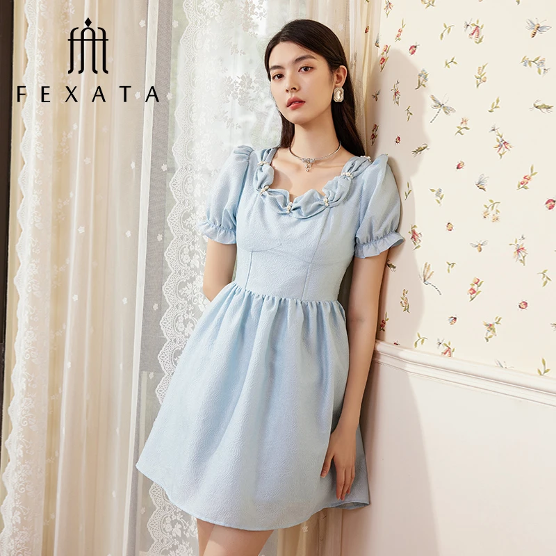 FEXATA斐格思泡泡袖连衣裙高腰裙子夏宫廷公主风派对小礼裙