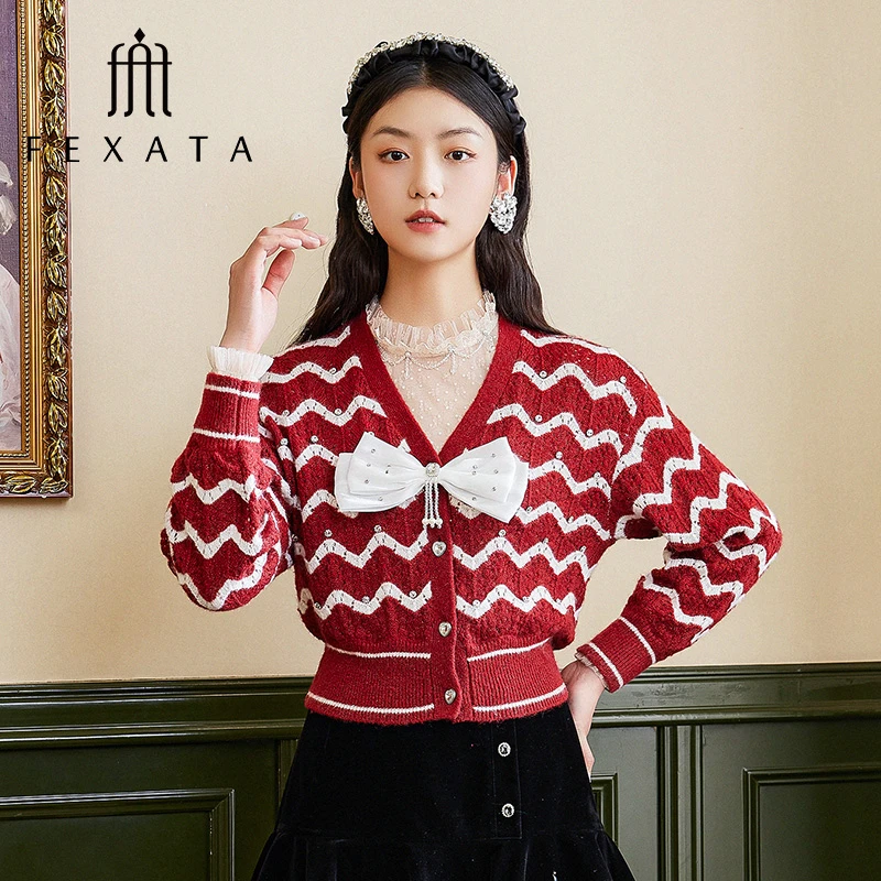 FEXATA斐格思短外套女秋冬新品蝴蝶结安哥拉红色复古条纹针织开衫