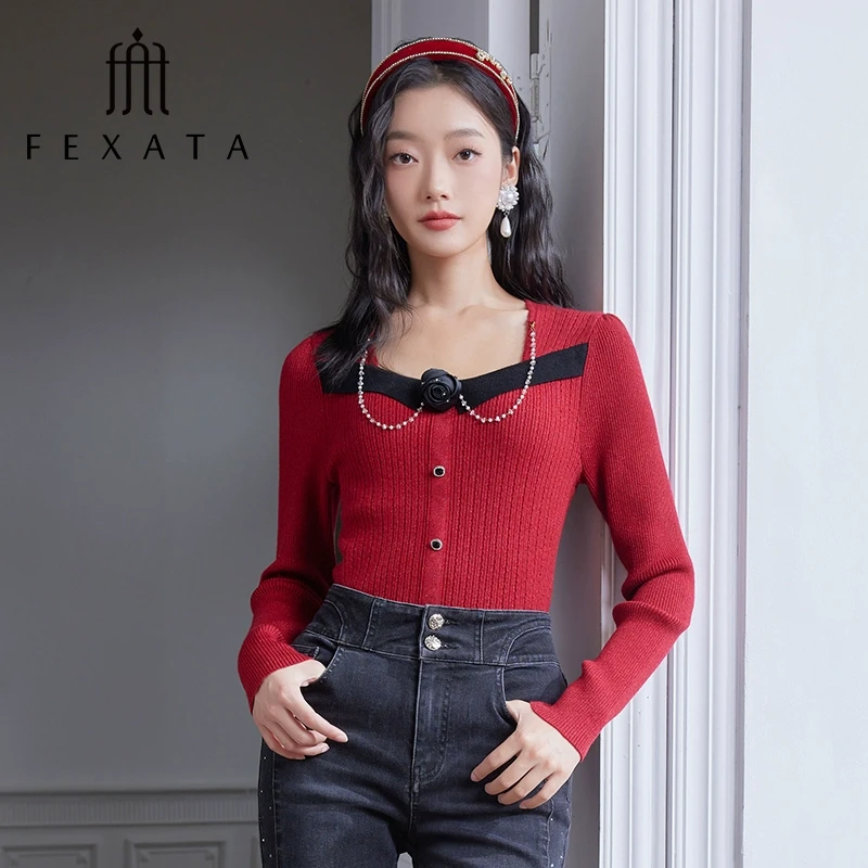 FEXATA斐格思2024秋季安哥拉红复古氛围感喜庆红针织衫上衣女