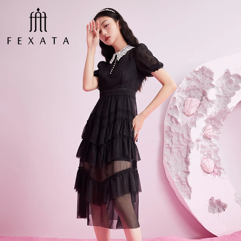 FEXATA斐格思连衣裙2024夏季新品小黑裙少女感蛋糕裙