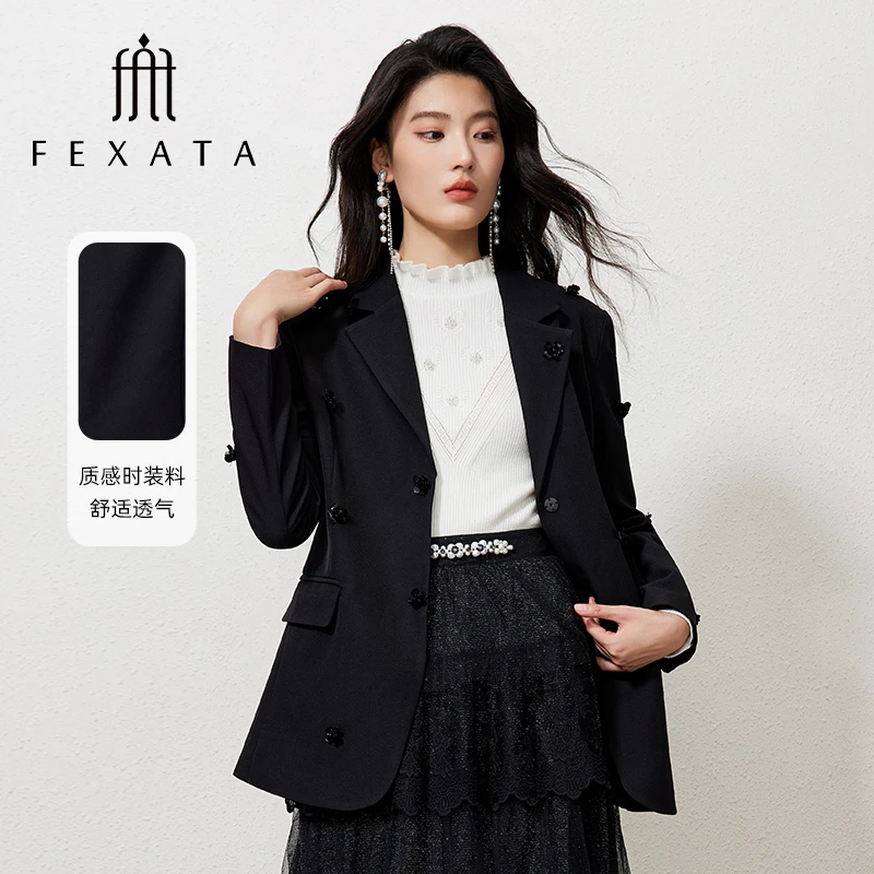 FEXATA斐格思2024秋季新款花朵装饰时髦通勤气质黑色西装外套