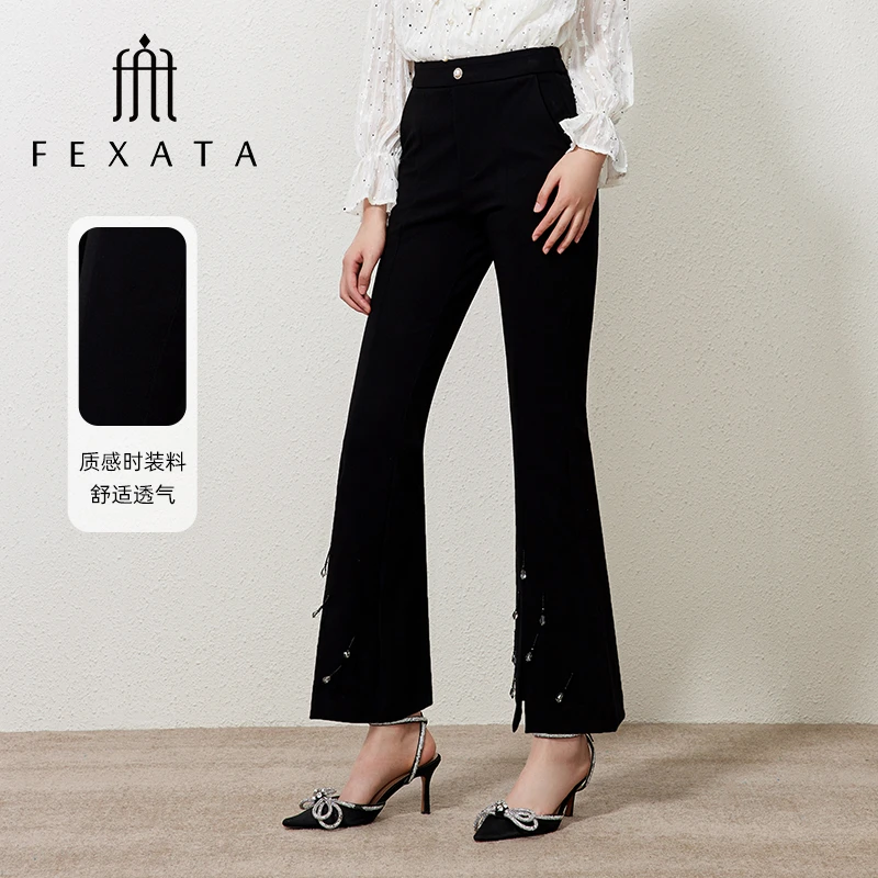 FEXATA斐格思2025春秋季通勤黑色休闲裤开叉微喇长裤