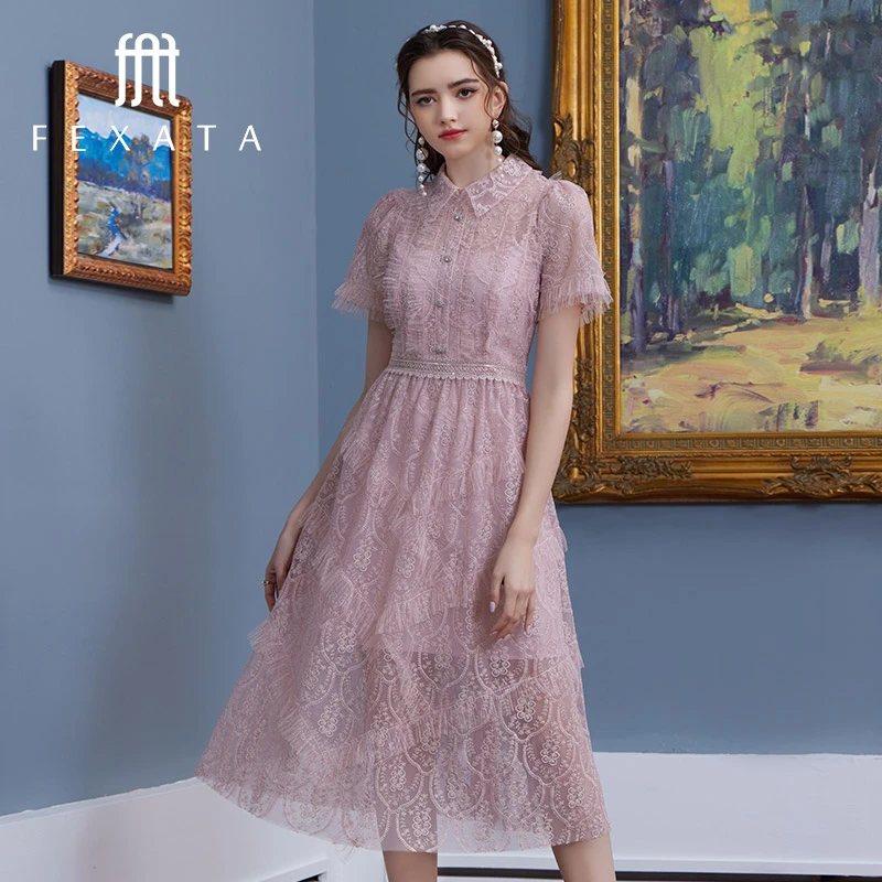 FEXATA高腰连衣裙a字收腰通勤夏季新品宫廷风华丽绣花网纱长裙