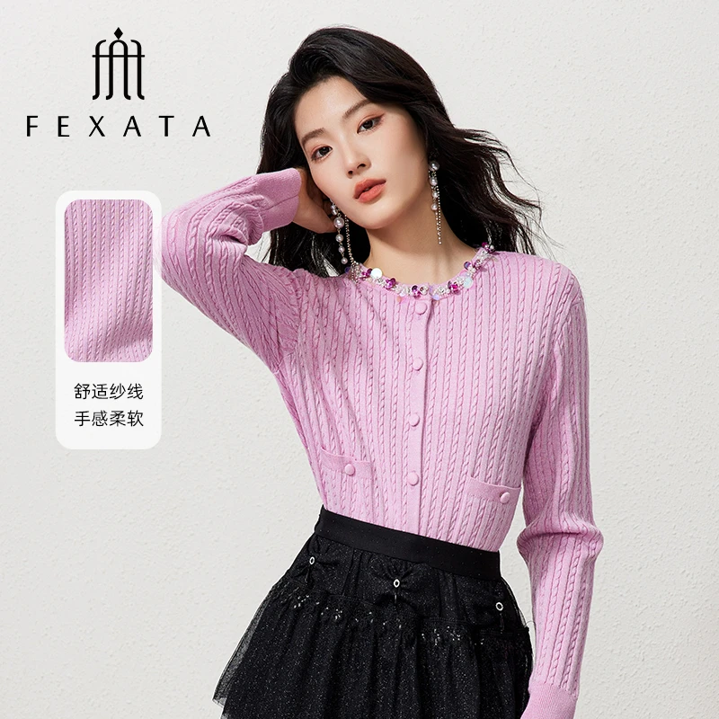 FEXATA斐格思2025秋季新款浪漫多巴胺钉珠肌理感毛针织开衫短外套
