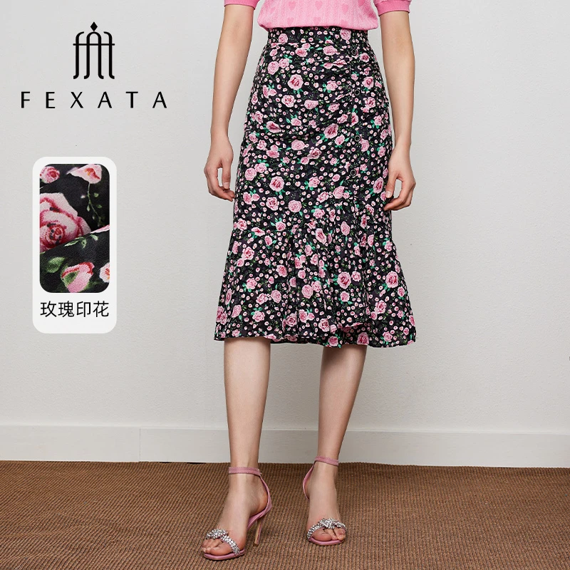 FEXATA斐格思开叉气质女装半身裙夏季新品浪漫玫瑰印花包臀鱼尾裙