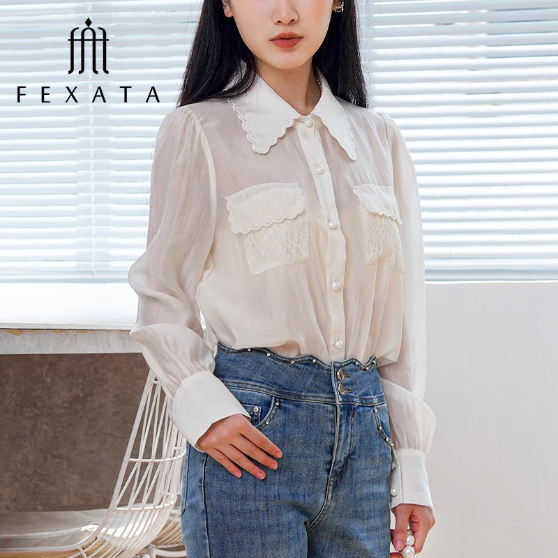 FEXATA斐格思衬衫女2025秋新品法式翻领气质通勤白色长袖衬衣
