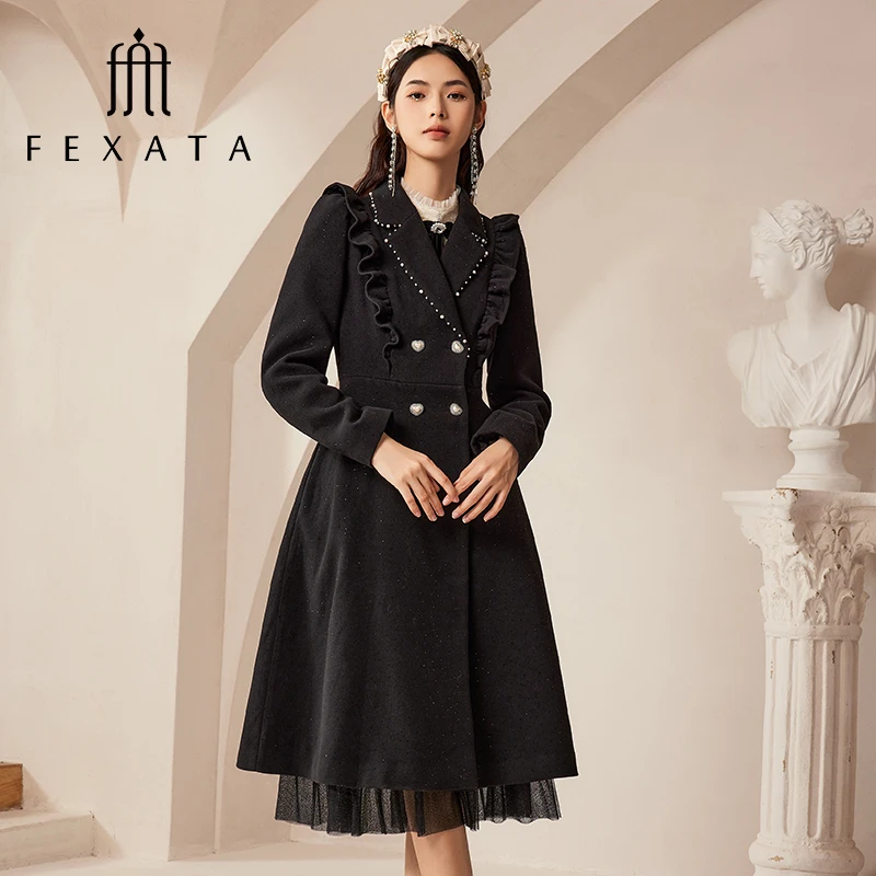 FEXATA斐格思2025冬季新品名媛风气质双排扣毛呢外套保暖中长大衣