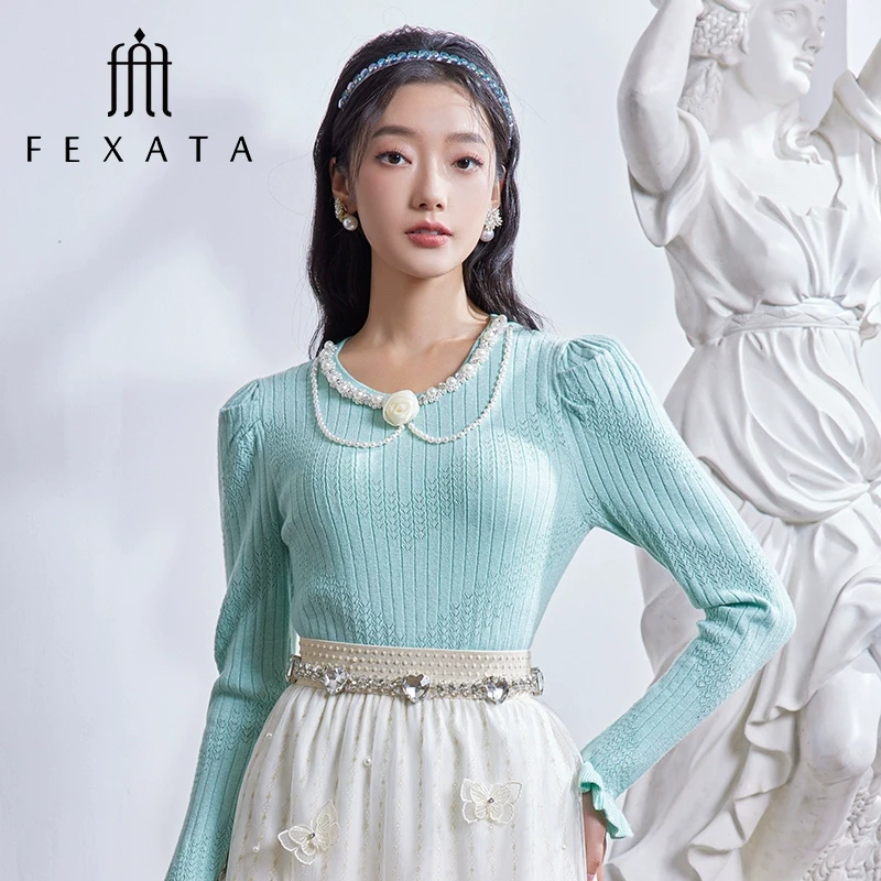 FEXATA斐格思2024秋季新品法式复古温柔浪漫钉珠针织衫上衣女