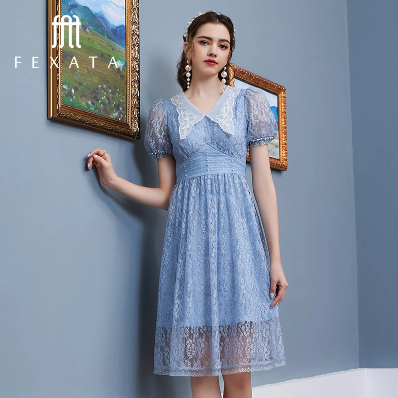 FEXATA泡泡袖连衣裙蓝色拼接夏季新品短袖浪漫宫廷风蕾丝公主裙