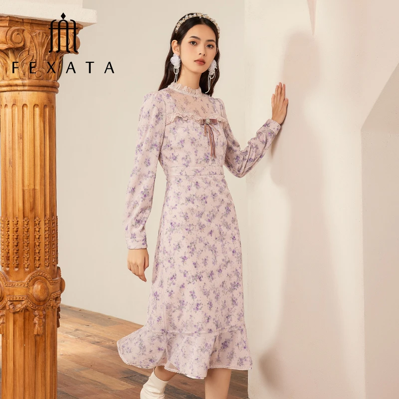 FEXATA斐格思2025冬季新款法式田园风油画感玫瑰印花荷叶边连衣裙